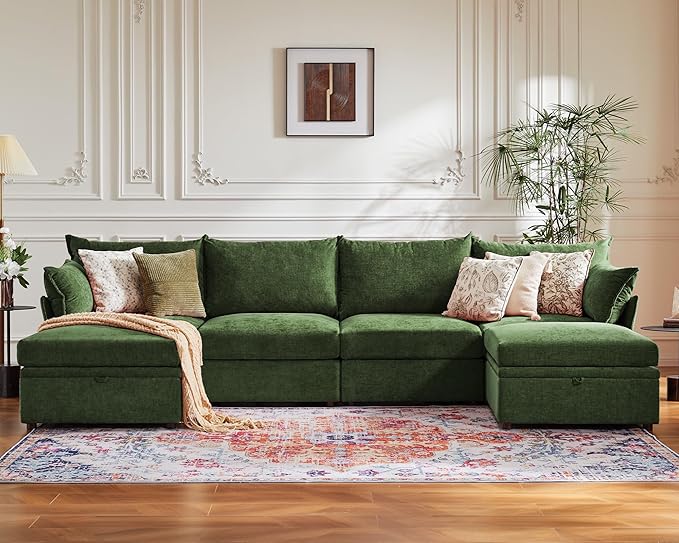 134.6" Oversized Modular Sectional Sofa, 6 Seater U Shaped Couch with Storage Ottoman with Reversible Chaise Deep Seat for Living Room, Apartment - Chenille Green-HomvellaHome