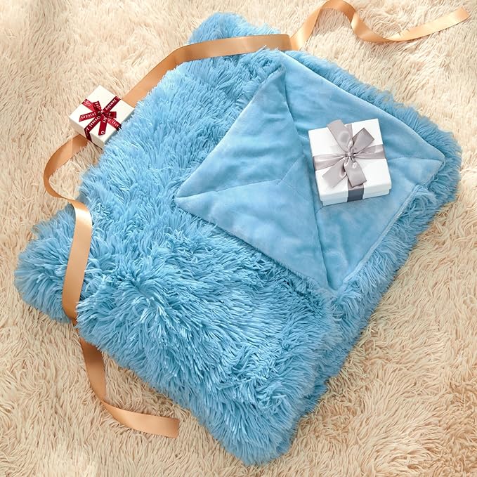 GONAAP Fuzzy Faux Fur Throw Blanket Queen Size Sky Blue Super Soft Cozy Plush Fuzzy Shaggy Blanket for Couch Sofa Bed (Sky Blue, Queen(90"x90"))-HomvellaHome