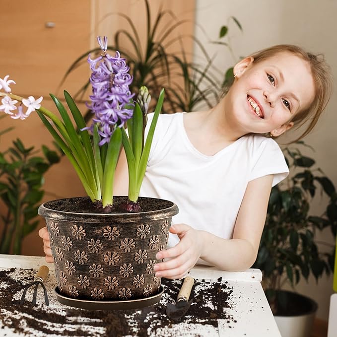 10 Inch Planter Pots for Plants, 4 Pack Plastic Large Flower Pots Indoor Outdoor, Resin Plant Pot with Drainage & Saucer, Retro Decorative Garden Pot with Removable Trays for House-HomvellaHome