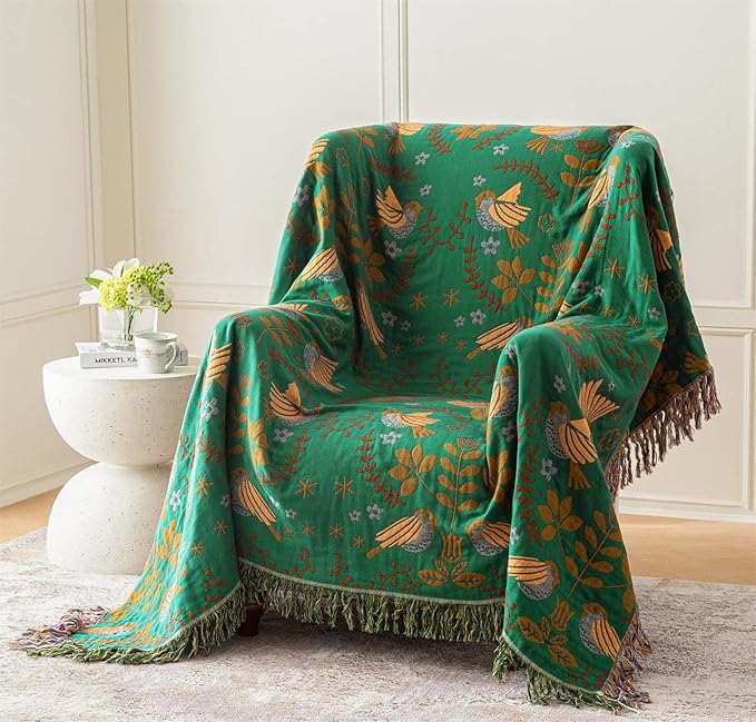 Green Summer Blanket 60''x 80'' Boho Throw Blankets for Couch Bed Chair,100% Cotton Quilts Christmas Warm Soft Blanket Muslin Bed Blankets Farmhouse Decoration-HomvellaHome