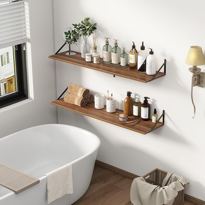 12 Inch Deep Floating Shelves,48W x 12D Floating Shelves, Deep Wall Shelves Bracket Set of 2, Large Display Floating Shelf for Bathroom, Living Room, Wide Storage Wooden Wall Shelf, Walnut-HomvellaHome