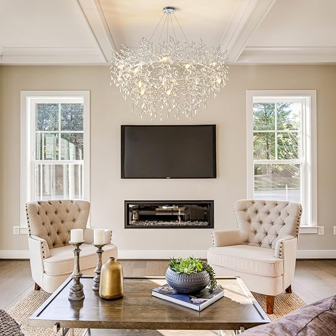 14-Light Modern Living Room Crystal Chandeliers,48" Round Silver Tree Branche Chandelier,Silver K9 Crystal Chandeliers for Dining Room,High Ceiling,Entryway、Foyer-HomvellaHome