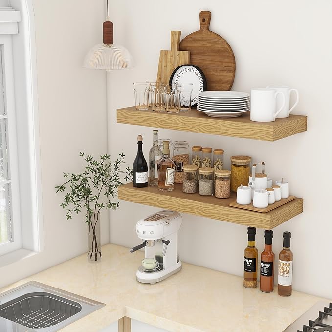 12 Inch Deep Floating Shelves | 30W x 12D Rustic Floating Shelves for Wall Set of 2 | Oak Shelves for Living Room Bathroom Laundry Room Bedroom Kitchen Home Office - Oak-HomvellaHome