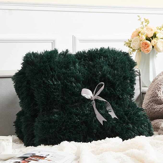 GONAAP Fuzzy Faux Fur Throw Blanket Queen Size Forest Green Super Soft Cozy Plush Fuzzy Shaggy Blanket for Couch Sofa Bed (Forest Green, Queen(90"x90"))-HomvellaHome