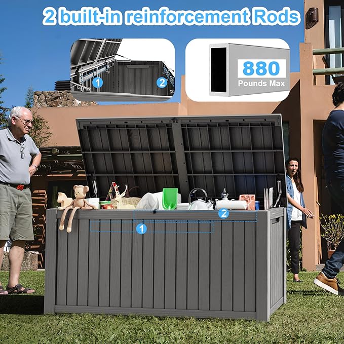 180 Gallon Deck Box,Resin Outdoor Storage Box with Lockable for Patio Furniture, Pool Accessories, Garden Tools Waterproof Outside Storage Box, Grey-HomvellaHome