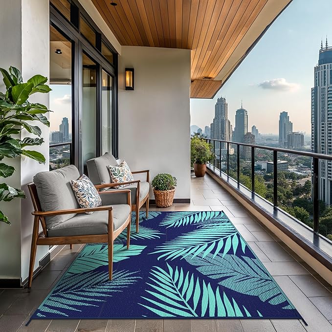 GENIMO Outdoor Rug 5' x 8' Waterproof for Patios Clearance, Reversible Outdoor Plastic Straw Camping Rug Carpet, Large Area Rugs Mats for RV, Camper, Deck, Balcony, Porch, Beach, Navy Blue&Jade Green-HomvellaHome