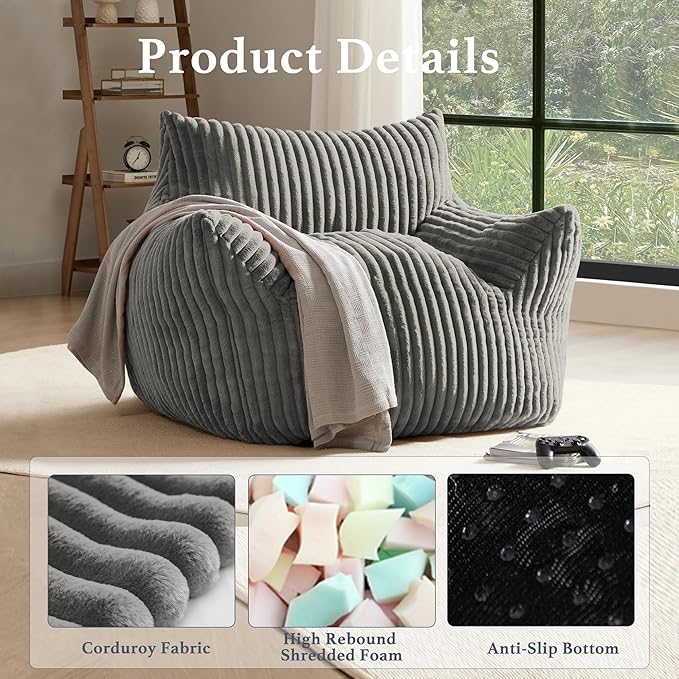 Giant Plush Bean Bag Chair for Adults with Armrests - Oversized Comfy Light Grey Beanbag Lounge Lazy Floor Sofa Accent Chair for Living Room, Bedroom & Dorm, Cozy Fluffy Single Cloud Mini Couch-HomvellaHome