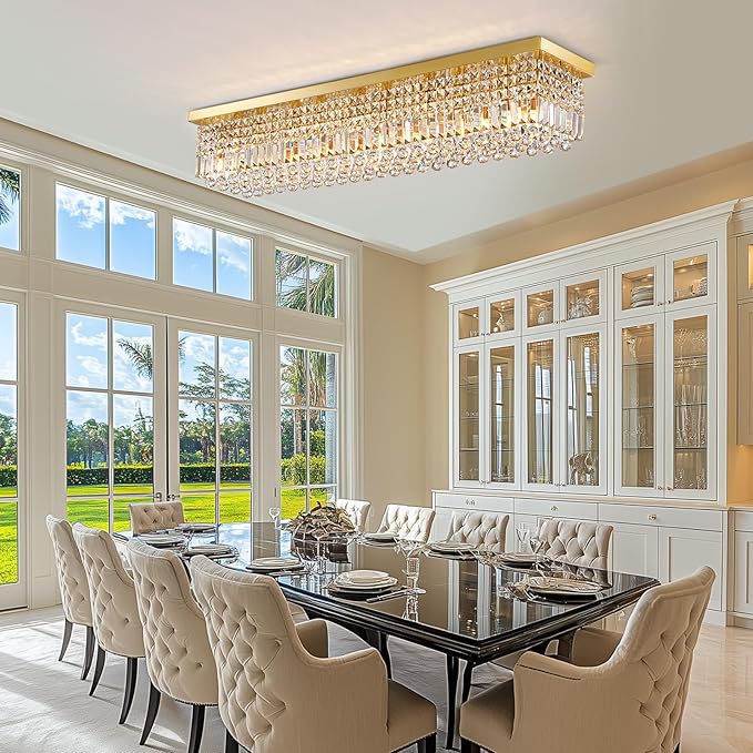 10 Lights Gold Flush Mount Rectangle Chandelier, Modern K9 Crystal Chandeliers Light Fixture Rectangular Raindrop Chandelier Pendant Island Light for Living Dining Room Kitchen Bar L47 Inch-HomvellaHome