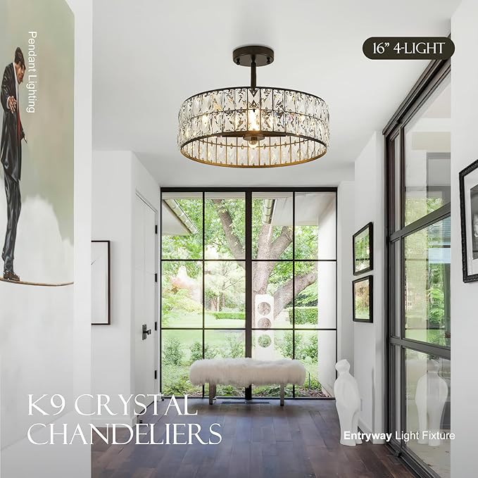 16” 4-Light Modern Crystal Chandeliers Black Dinning Room Light Fixture with Two Rods, Round Pendant Light Kitchen Island Chandelier, Flush Mount Ceiling Light for Living Room Entryway-HomvellaHome