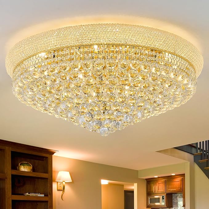 18-Light 32 inch Large Crystal Chandelier Flush Mount Ceiling Light Fixture for Living Room Dining Room Bedroom Foyer Entryway Gold Finish-HomvellaHome