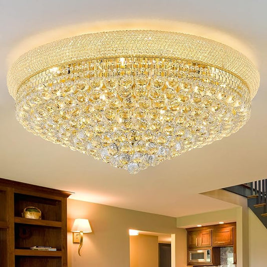 18-Light 32 inch Large Crystal Chandelier Flush Mount Ceiling Light Fixture for Living Room Dining Room Bedroom Foyer Entryway Gold Finish-HomvellaHome