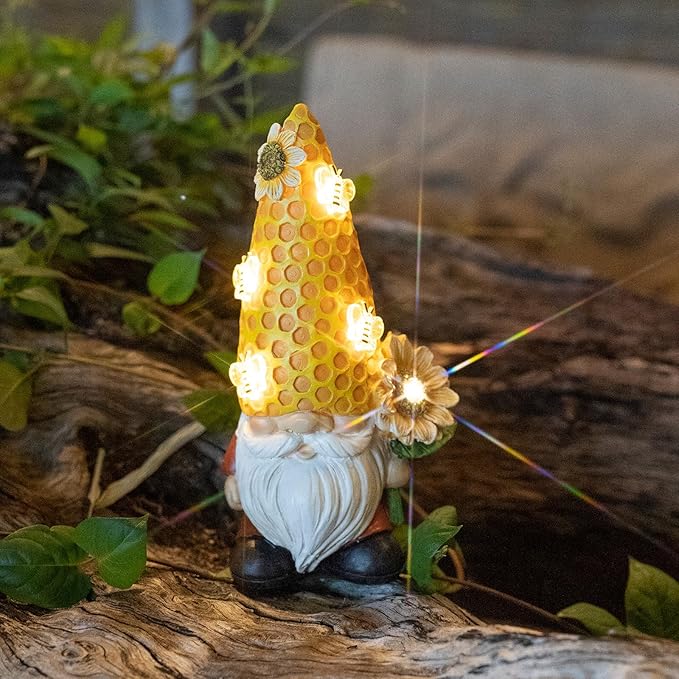 Garden Gnome Statue Solar Powered with Glowing Bees Sunflower Outdoor Funny Resin Figurine Decorations for Patio Yard Lawn Porch Housewarming Ornament Gift-HomvellaHome