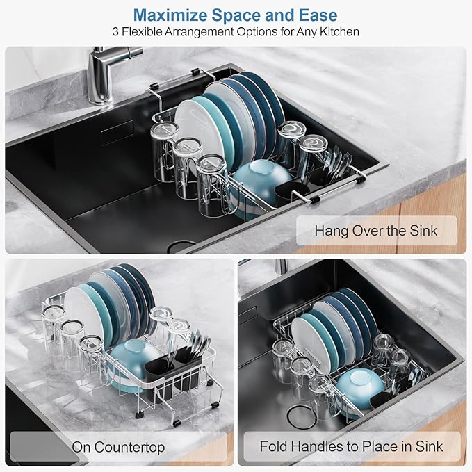 GSlife Expandable in Sink Small Dish Drying Rack - Stainless Steel Capacity Adjustable Over The Sink Dish Rack with Cup Holder (12" -16.8"), Dish Drainer for Kitchen Sink with Utensil Holder, Silver-HomvellaHome