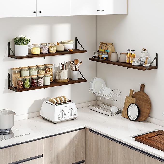 Heimlove 36 Inch Floating Bookshelves Set of 3,Heavy Duty Wall Mounted Bookshelves,Bookshelf for Living Room,Bedroom,Kitchen,Laundry Room Storage & Decor-Walnut Color-HomvellaHome