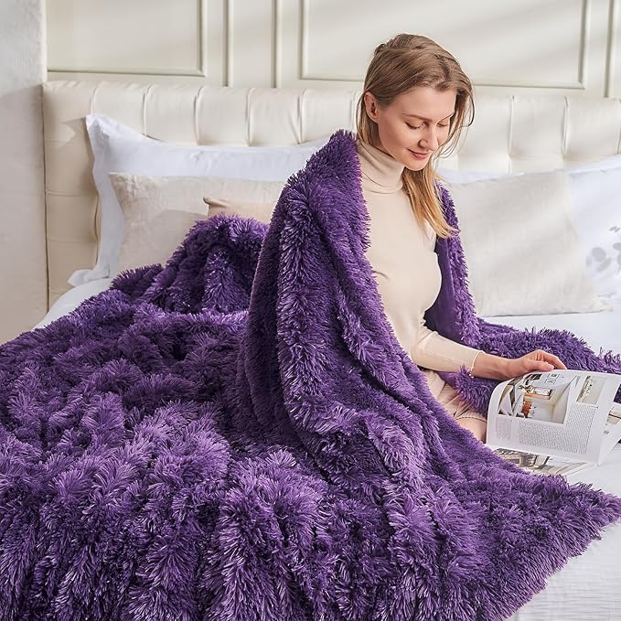 GONAAP Fuzzy Faux Fur Throw Blanket Queen Size Purple Super Soft Cozy Plush Fuzzy Shaggy Blanket for Couch Sofa Bed (Purple, Queen(90"x90"))-HomvellaHome