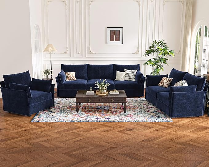 102.6" Modular Sectional Sofa, Oversized 3-Seater Blue Couch with Removable Chenille Fabric Cover, Deep Seat & High Backrest for Living Room, Office & Apartment-HomvellaHome