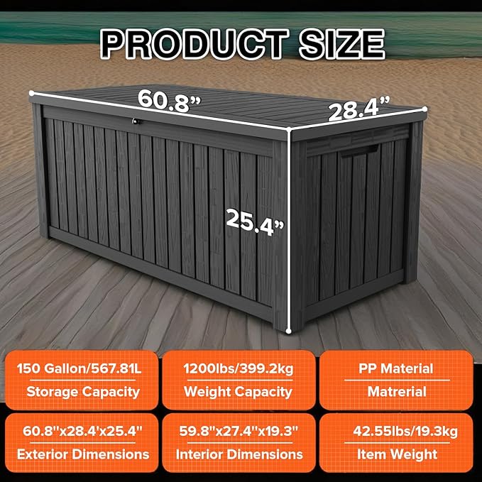152 Gallon Deck Box Waterproof, UV Resistant Resin Outdoor Storage Box with Hydraulic Rod, Lockable Design and Enhanced Durability for Patio, Garden, and Poolside Use-HomvellaHome