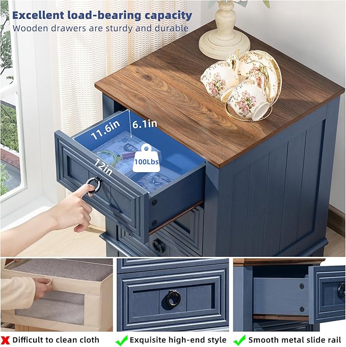 18" Farmhouse Night Stand with 3 Drawers, Wood End Table Dresser for Bedroom, Navy Blue Nightstand, Bed Side Table with Metal Handle, Bedside Cabinet for Bedroom Living Room, Closet-HomvellaHome