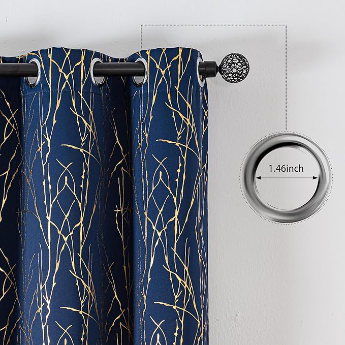 Grommets Blackout Long Window Curtains Navy Blue Gold-52W*95L 2PCS Drapes for Bedroom-HomvellaHome