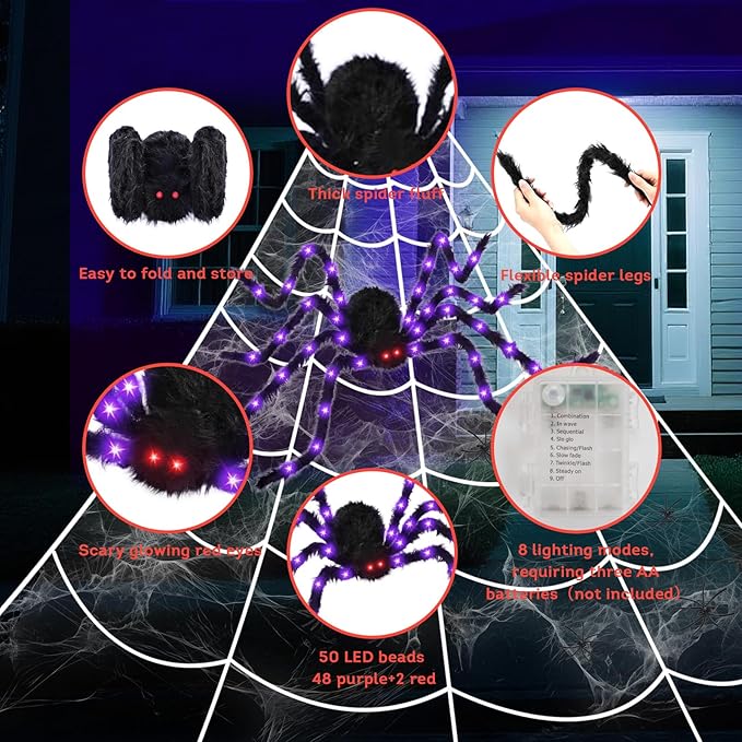 16.4 X 15.8Ft Giant Spider Web Halloween Decorations with 250 LED Lights, Halloween Spider Web Outdoor with 5Ft Large Spider, 3.53 Oz Stretch Web and 20 Small Spiders for Yard House Party Decoration-HomvellaHome