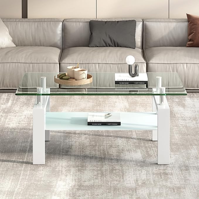 Glass Coffee Table Rectangle White Living Room Center Table, 39inch Transparent Tempered Glass Tabletop and Metal Frame, White + Clear Glass-HomvellaHome
