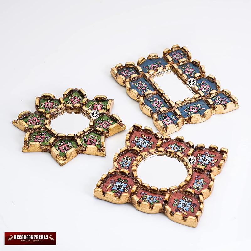 Small Decorative Wall Mirror set of 3 - Accent mirrors of 6in for wall decor, Peruvian Mirrors Vanity with bronze leaf-HomvellaHome