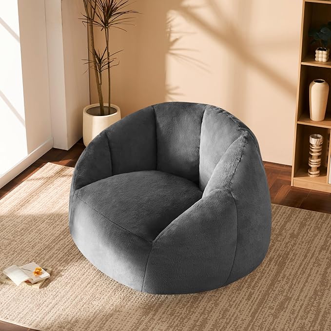 Giant Bean Bag Swivel Chair for Adults - Comfy Plush Round Shell Soft Accent Beanbag Chair, Oversized Cozy Floor Sofa Reading Chair for Living Room, Bedroom & Game Rooms, Gray-HomvellaHome