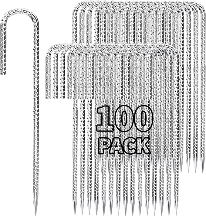 12 inch Stakes Heavy Duty 100-Pack J Hook Metal Fence Stake for Dogs Digging Tent and Outdoor Decorations Inflatables Rebar Metal Spikes for Ground-HomvellaHome