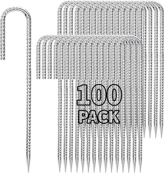 12 inch Stakes Heavy Duty 100-Pack J Hook Metal Fence Stake for Dogs Digging Tent and Outdoor Decorations Inflatables Rebar Metal Spikes for Ground-HomvellaHome