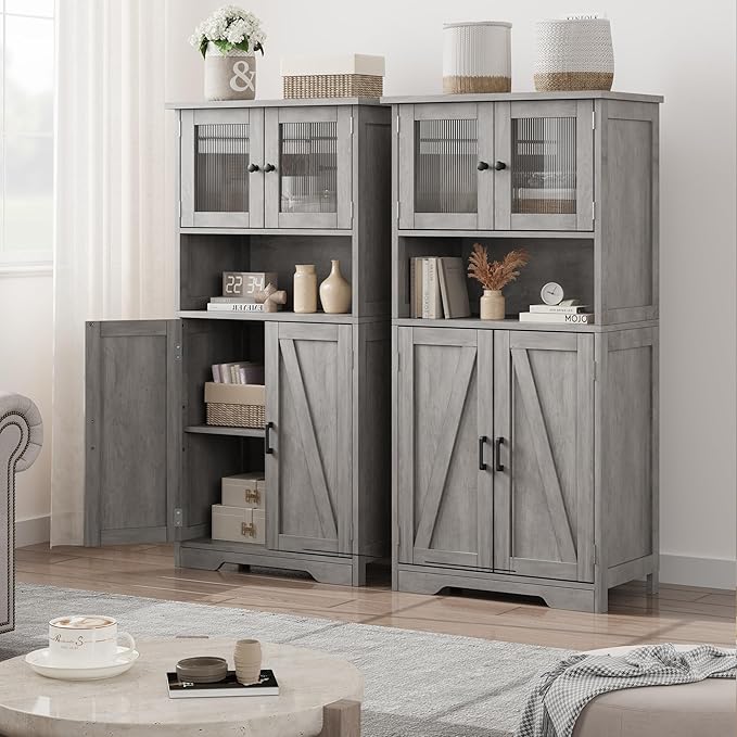 GarveeHome 54in Tall Bathroom Cabinet, Farmhouse Storage Cabinet with Glass Doors and Adjustable Shelves, Freestanding Kitchen Pantry Cabinets, Cupboard for Living Room, Dining Room, Gray-HomvellaHome