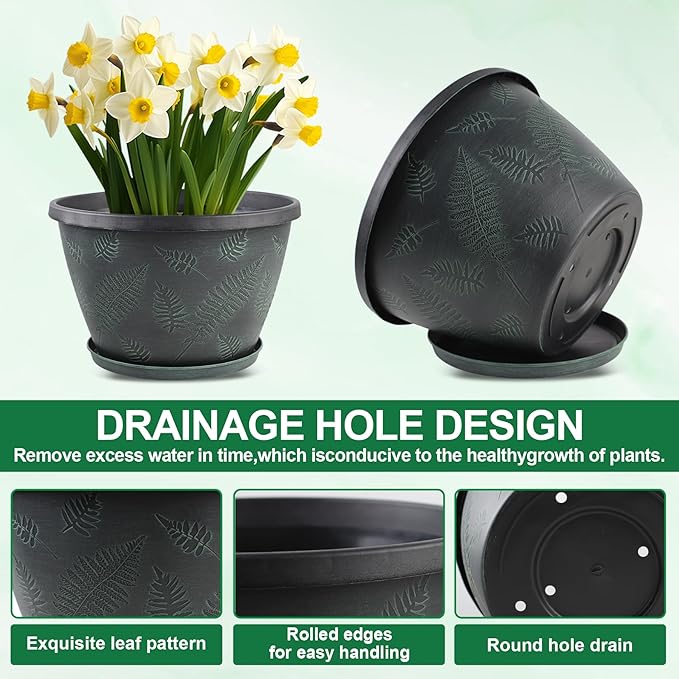 11 inch Plant Pot Set of 3, Plastic Flower Pots with Drainage Hole & Tray, Decorative Round Planters for Indoor Plants, Modern Outdoor Home Flowers Plants Garden Pots (Green)-HomvellaHome