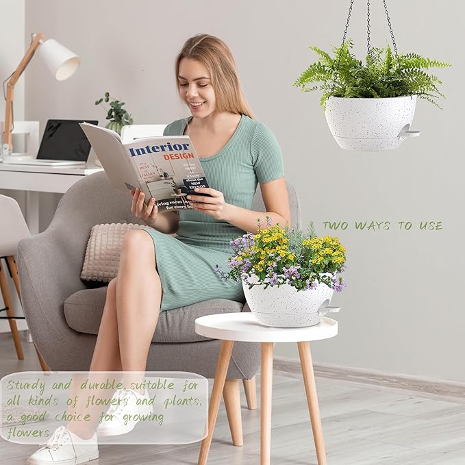 12 Inch Hanging Baskets 2 PC with Chains, Self-Watering Hanging Planters for Indoor Outdoor Plants, Plastic Hanging Flower Pots,Speckled White-HomvellaHome