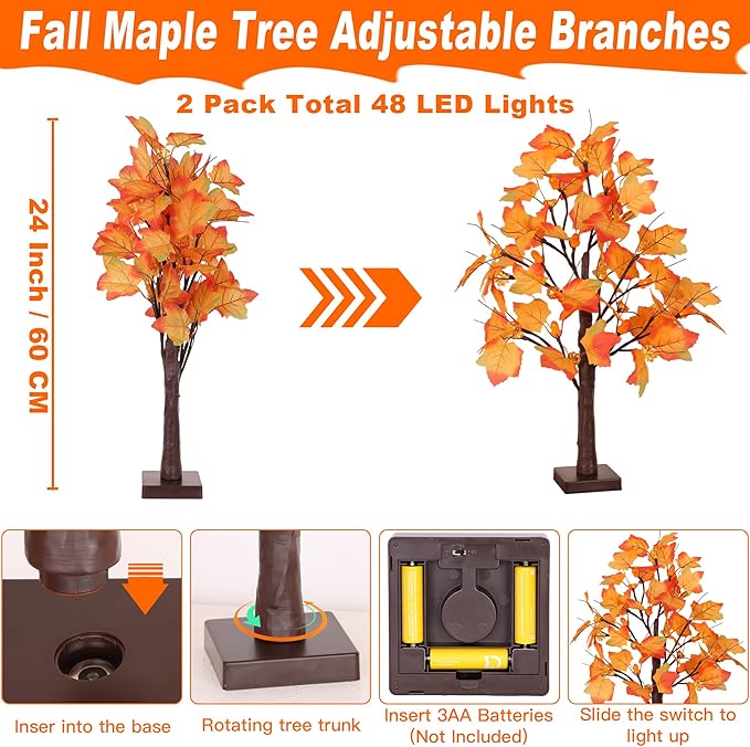 2 Pack 24 Inch Prelit Fall Maple Tree Fall Decor with 48 LED Timer Battery Operated Artificial Fall Light Up Tree Pumpkin Maple Acorn for Fall Thanksgiving Decorations Table Home Indoor Autumn Harvest-HomvellaHome