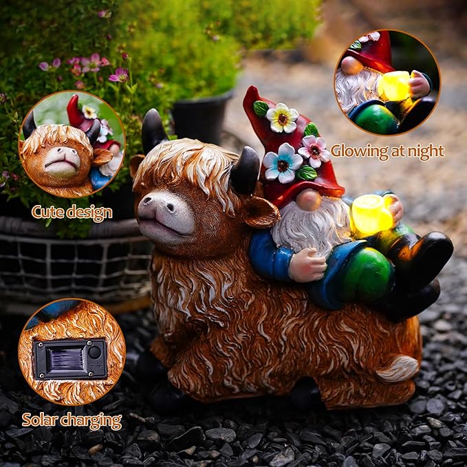 Garden Gnomes Decor Outdoor Statues Gnome on Highland Cow Hold Solar Cup Light Outdoor Decorations for Patio,Yard and Gift for Mom-HomvellaHome
