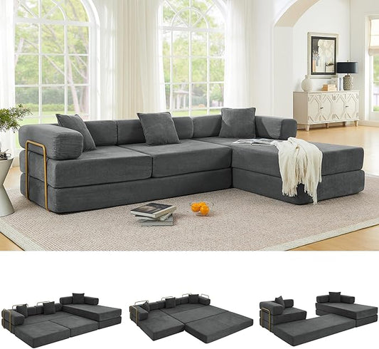 108" Oversized Convertible Sleeper Sofa Bed, Corduroy L Shape Sectional Couch, Folding Sofa Bed with Side Pocket, Modern Cloud Floor Mattress Couch, Modular Sofa for Living Room, Grey-HomvellaHome