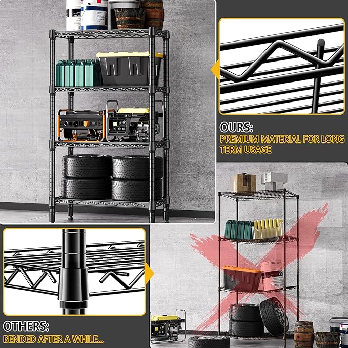 1000 lbs 4 Tier Shelf Metal Storage Shelves Wire Rack Closet Organizers for Garage Kitchen Bathroom Laundry Black 11.8" D x 25.6" W x 45.5" H-HomvellaHome