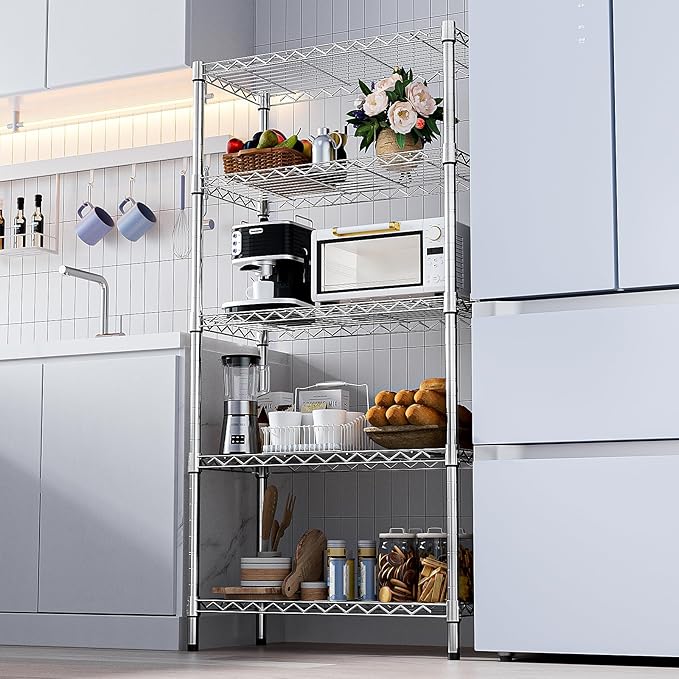 1250 lbs Steel Heavy Duty 5-Tier Utility Shelving Unit Steel Organizer Wire Rack for Home,Kitchen,Office,Chrome (13.7" D x 23.6" W x 62.4" H)-HomvellaHome
