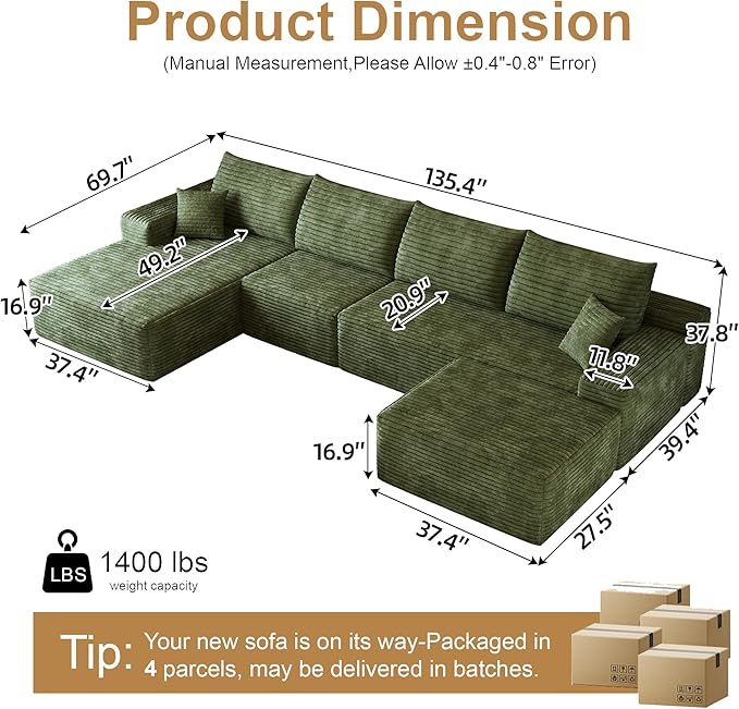 108" Sectional Couches for Living Room Modern Modular Sofa with L-Shape Couchs Upholstered Boneless Couch Deep Seat Sectional Couch with Chaise (Green, Left Facing Chaise+3Seaters+Ottoman)-HomvellaHome