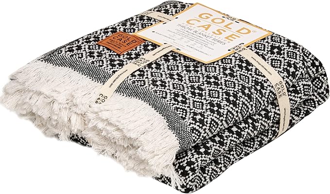 Gold Case Throw Blanket for Couch - 100% Recycled Turkish Cotton Blankets & Throws - Retro Soft Throw Blankets for Living Room Sofa - Boho Decorative Woven Throws for Couch - 60x80 - Black-HomvellaHome