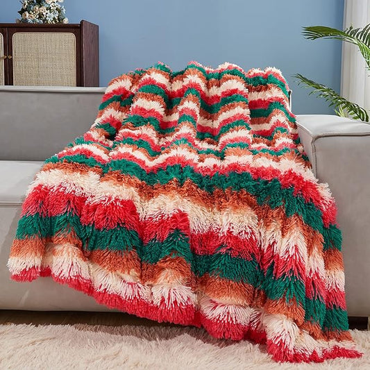 GONAAP Fuzzy Faux Fur Throw Blanket Stripe Red Brown Super Soft Cozy Plush Fuzzy Shaggy Blanket for Couch Sofa Bed (Stripe Red Brown, Throw(50"x60"))-HomvellaHome