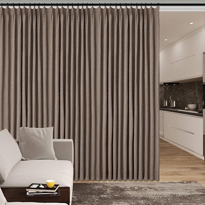 150 Inches Extra Wide Room Divider Draperies, Pinch Pleat Drapes, Absolutely Blackout Sliding Door Drapery, Total Privacy Ceiling Track Curtains, 150" W by 96" L, Light Brown (1 Panel)-HomvellaHome