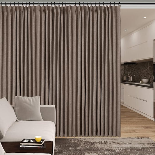 150 Inches Extra Wide Room Divider Draperies, Pinch Pleat Drapes, Absolutely Blackout Sliding Door Drapery, Total Privacy Ceiling Track Curtains, 150" W by 102" L, Light Brown (1 Panel)-HomvellaHome