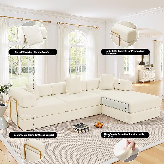 108" Oversized Convertible Sleeper Sofa Bed, Corduroy L Shape Sectional Couch, Folding Sofa Bed with Side Pocket, Modern Cloud Floor Mattress Couch, Modular Sofa for Living Room, Beige-HomvellaHome