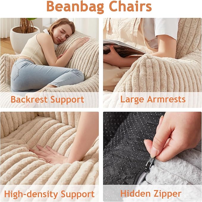 Giant Bean Bag Chairs for Adults with Filling Plush Fluffy Bean Bag Chairs for Teens with Armrests Comfy BeanBag Lazy Couch Sofa Chair for Bedroom Living Room Reading-HomvellaHome