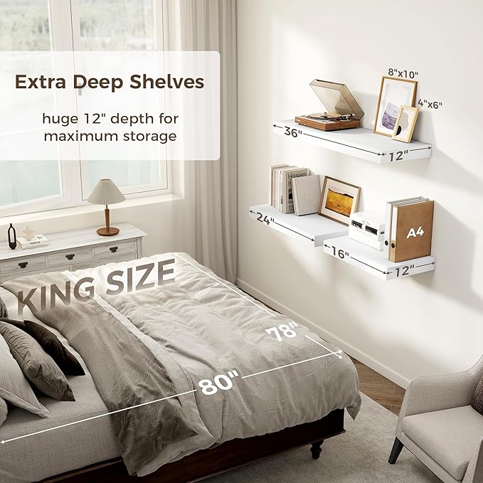 12 Inch Deep White Floating Shelves, 24 x 12 Floating Shelf for Books, Rustic Wood Deep Wall Shelves for Home Storage & Display, 2" Thicked Shelves for Kitchen, Living Room, Bedroom, 2 Pack-HomvellaHome