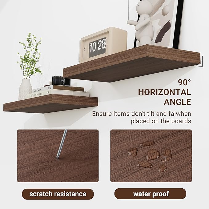 16 Inch Floating Shelves, 16"x9.25"x1.5" Inch Deep Floating Shelves for Wall, Wooden Shelves for Bathroom, Bedroom, Living Room, Walnut-HomvellaHome