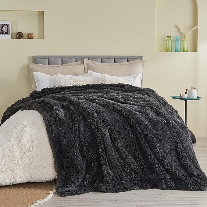 GONAAP Fuzzy Faux Fur Throw Blanket Twin Size Dark Grey Super Soft Cozy Plush Fuzzy Shaggy Blanket for Couch Sofa Bed (Dark Grey, Twin(60"x80"))-HomvellaHome