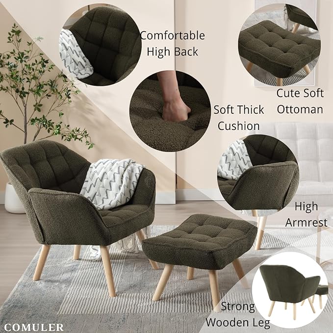 Green Sherpa Accent Chair with Ottoman ，Modern Reading Chair with Ottoman Set, Comfy Fuzzy Armchair Living Room Chair Lounge Chair with Wood Legs for Small Spaces Bedroom Apartment-HomvellaHome