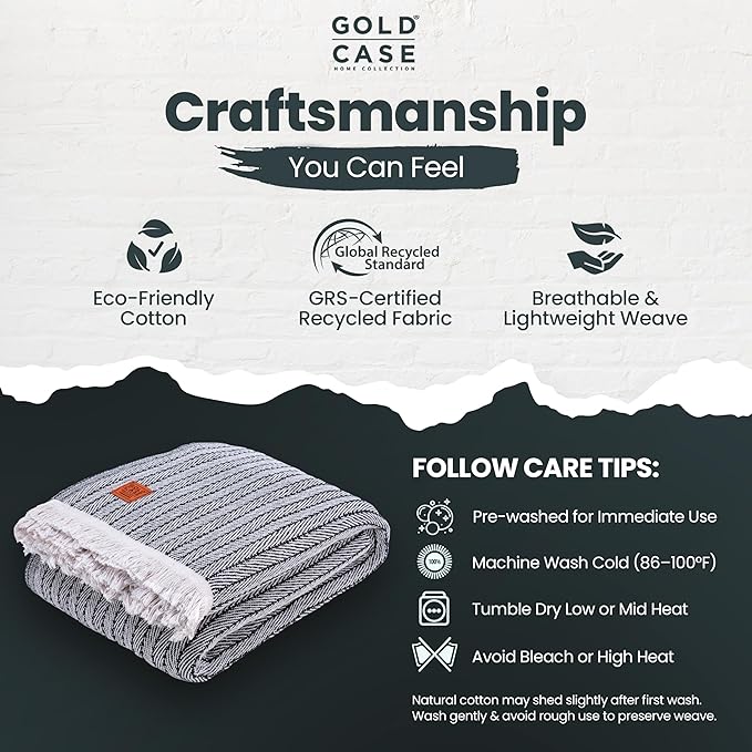 Gold Case Throw Blanket for Bed – 100% Recycled Turkish Cotton Bed Blanket – Decorative Throw Cotton Blankets for Living Room & Bedroom – Woven Twin Blankets - 71x90 - Black-HomvellaHome