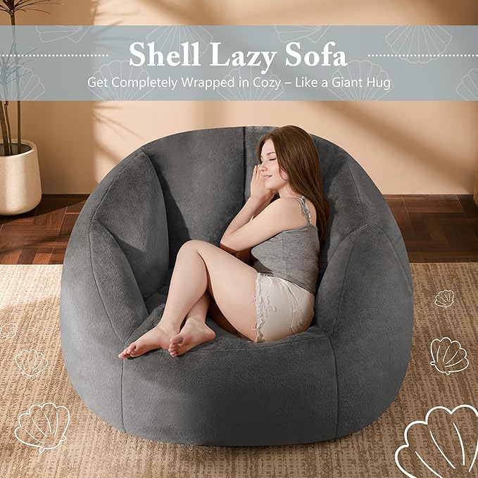 Giant Bean Bag Chair for Adults - Comfy Plush Round Shell Soft Accent Chair, Oversized Cozy Lounge Floor Sofa Reading Chair, Mini Couch for Living Room, Bedroom & Game Rooms, Gray-HomvellaHome